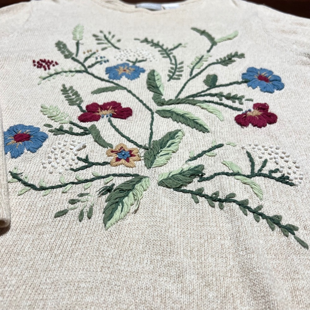 Blair Women Oatmeal Floral Embroidered Ramie Cotton Knit Sweater L Large Vintage - Picture 7 of 11